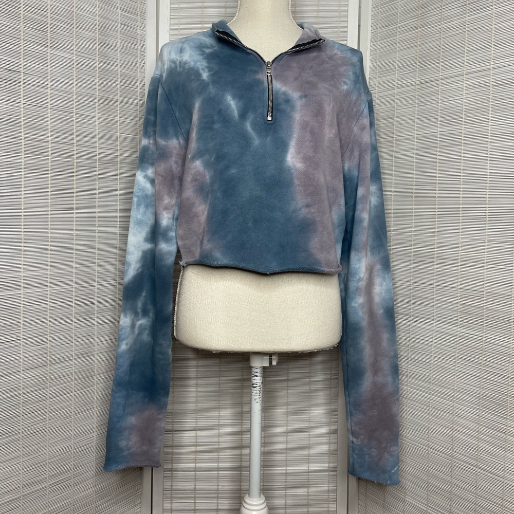 Cotton Citizen Sweatshirt SoulCycle Tie Dye Blue Purple 1/3 Zip Raw Hem Size M